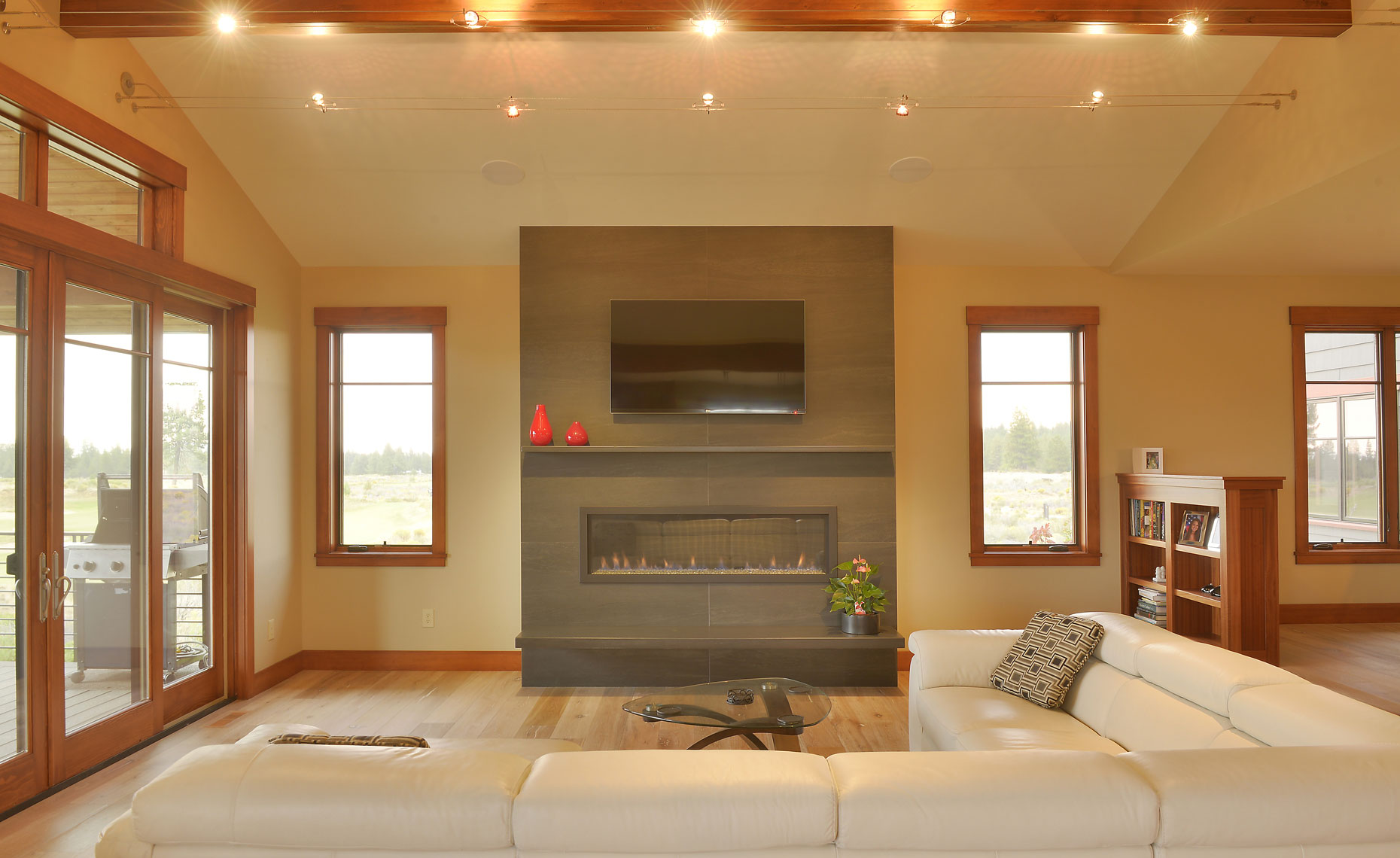 Tetherow home with contemporary fireplace